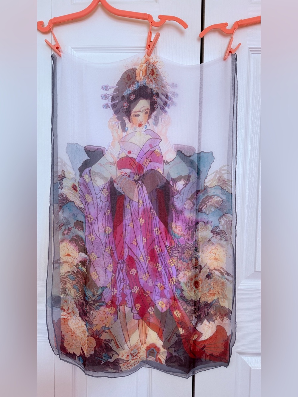 NWOT Lightweight Sheer Scarf with Traditional Asian Lady & Floral Print